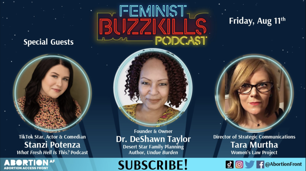 Promotional flyer for an episode of Feminist Buzzkills podcast with images of the guests.