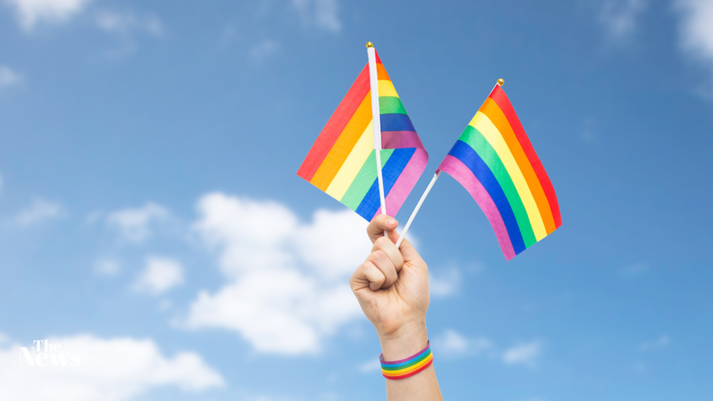 An image of a white hand with a rainbow bracelet holding up to two LGBTQ pride flags.